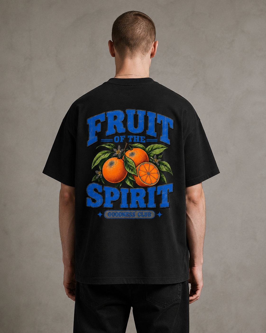 Fruit Of The Spirit oversized Christian T-shirt on model, Black back view