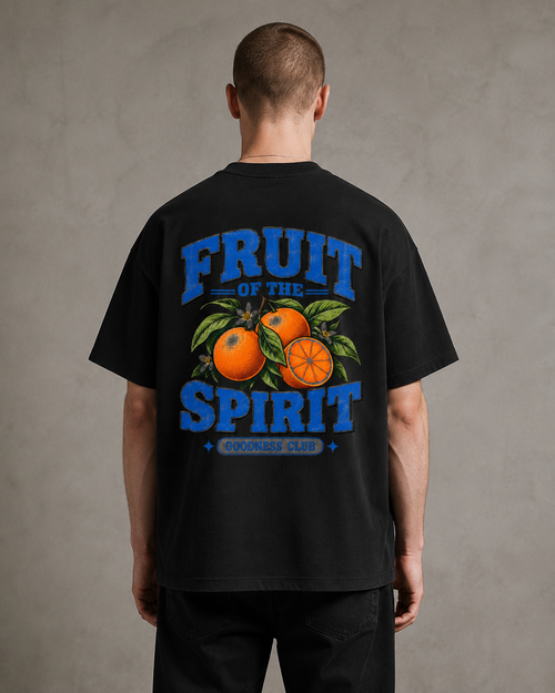 Fruit Of The Spirit oversized Christian T-shirt on model, Black back view