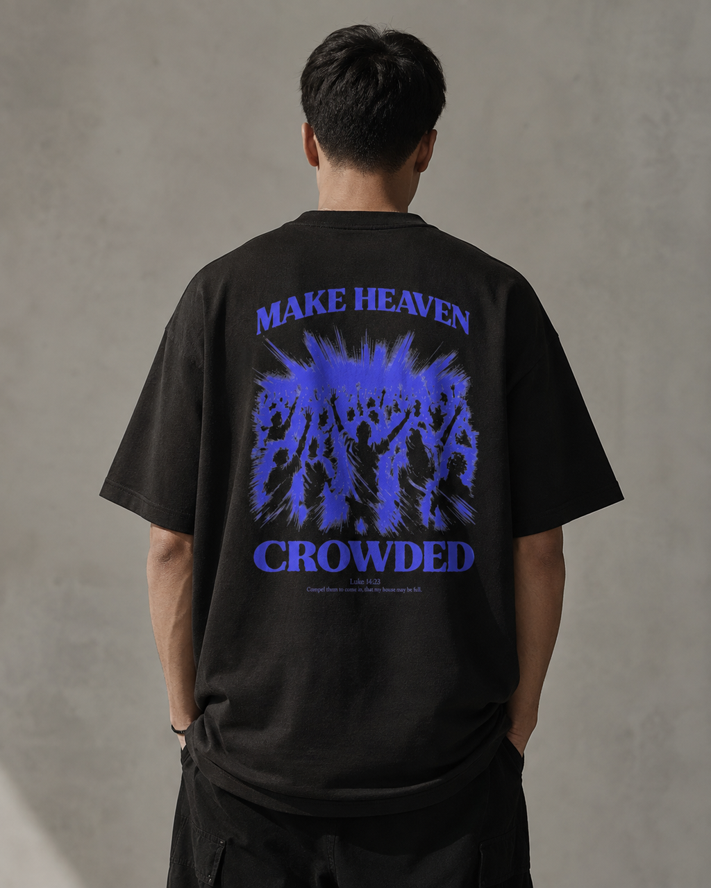 Make Heaven Crowded oversized Christian T-shirt on model, Black back view