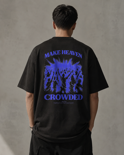 Make Heaven Crowded oversized Christian T-shirt on model, Black back view