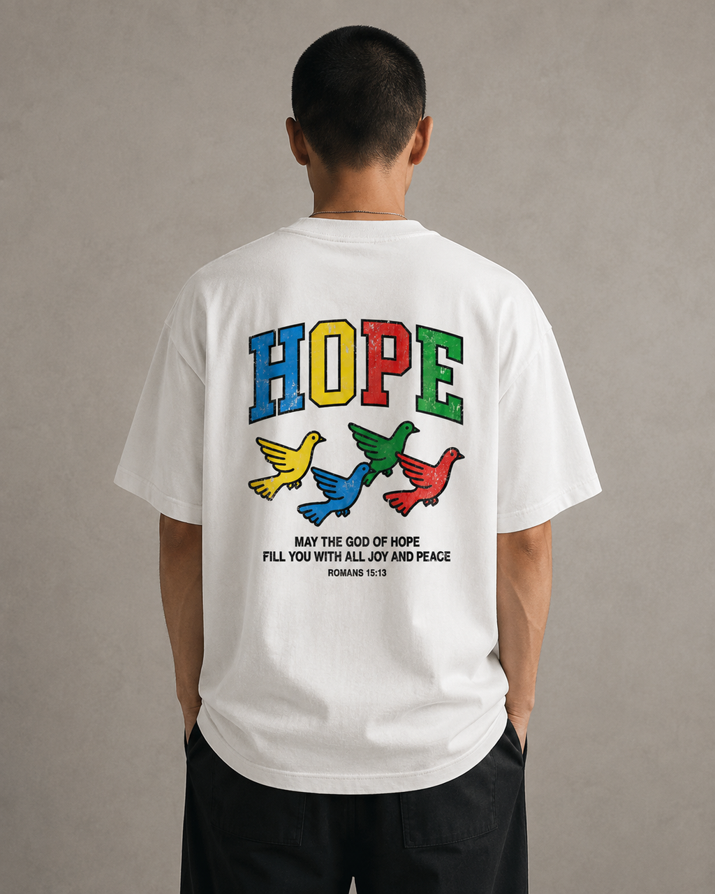 Hope oversized Christian T-shirt on model, White back view