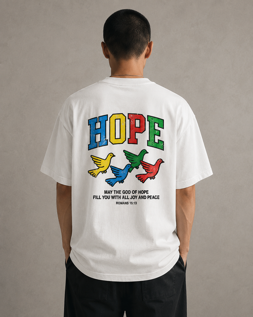 Hope oversized Christian T-shirt on model, White back view