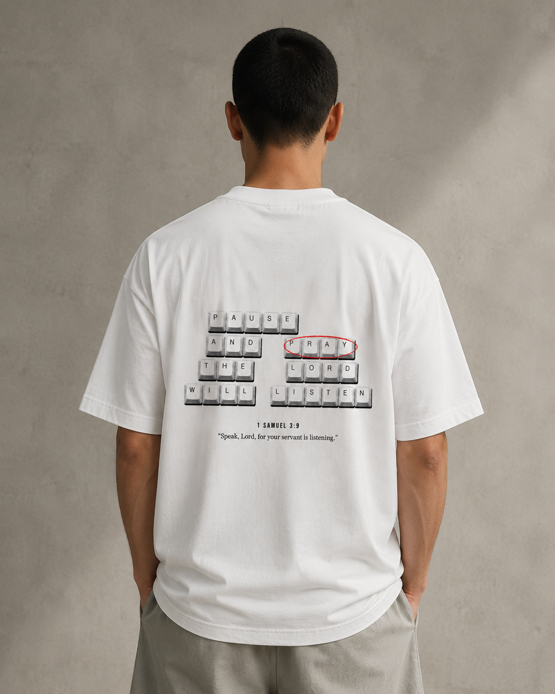 Narrow & Known Keyboard oversized Christian T-shirt on model, White back view
