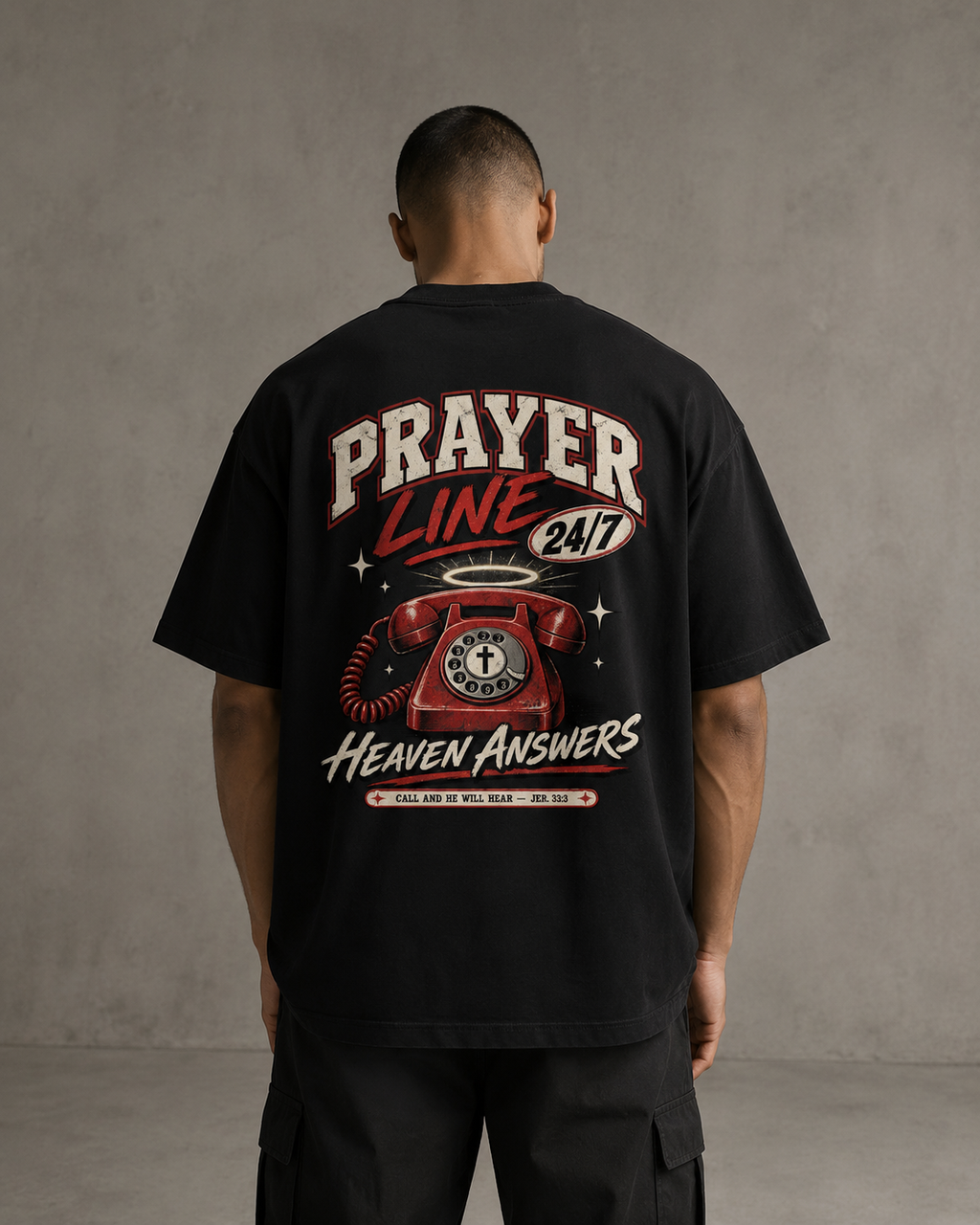 Prayer Line 24/7 oversized Christian T-shirt on model, Black back view