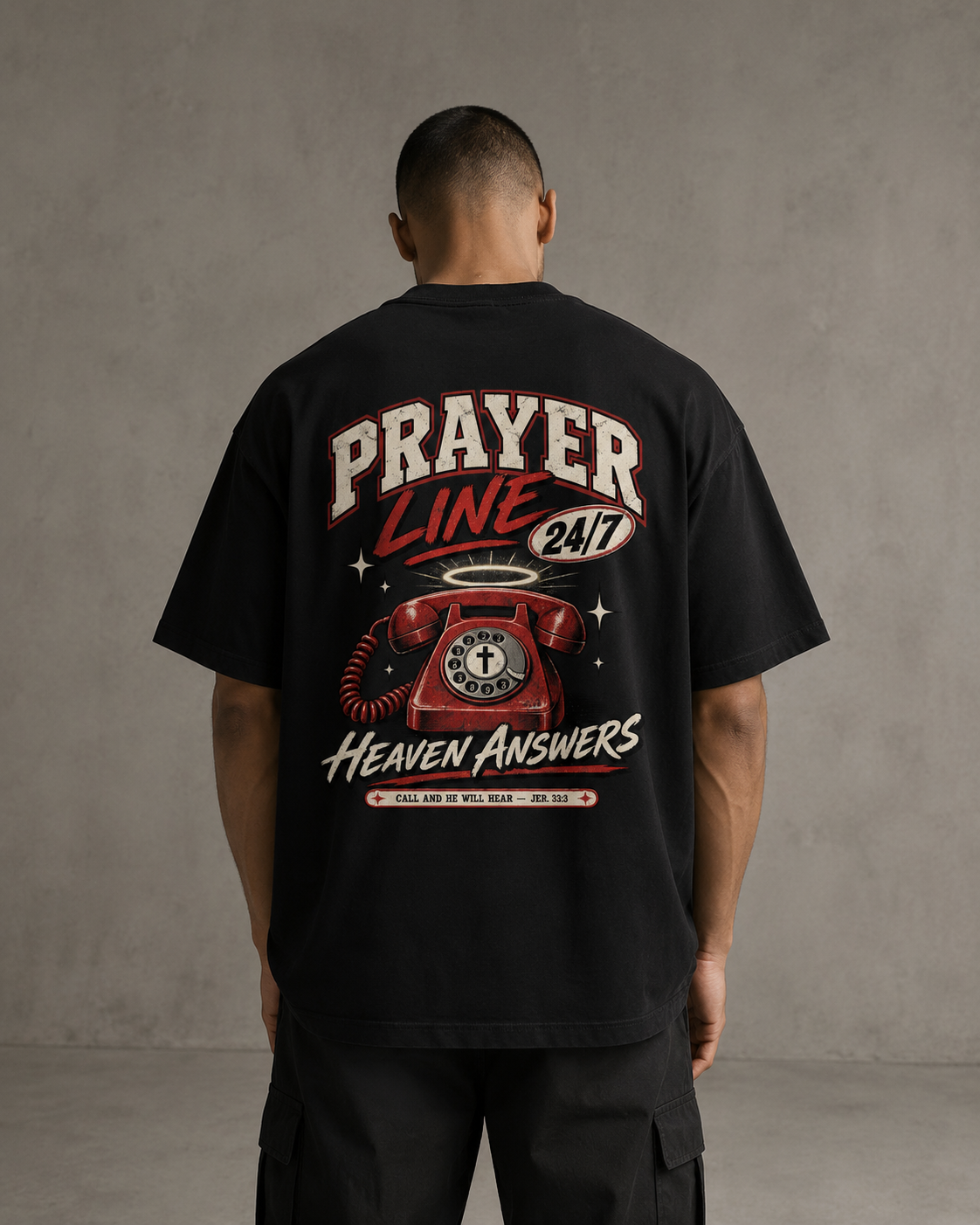 Prayer Line 24/7 oversized Christian T-shirt on model, Black back view