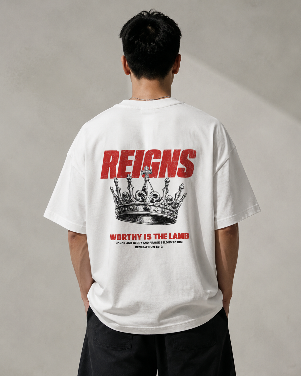 Worthy Is The Lamb oversized Christian T-shirt on model, White back view