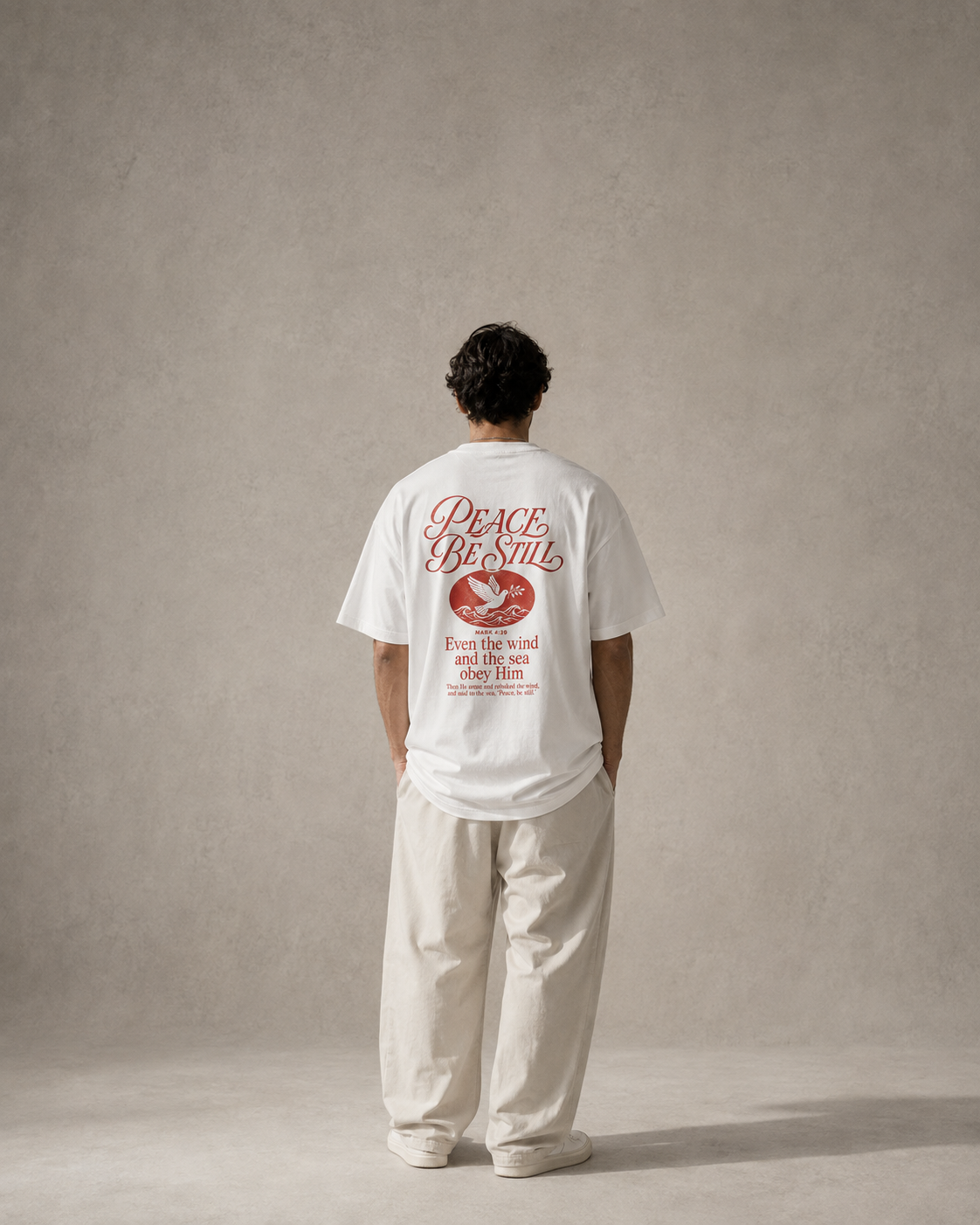 Peace Be Still in White — Back editorial view