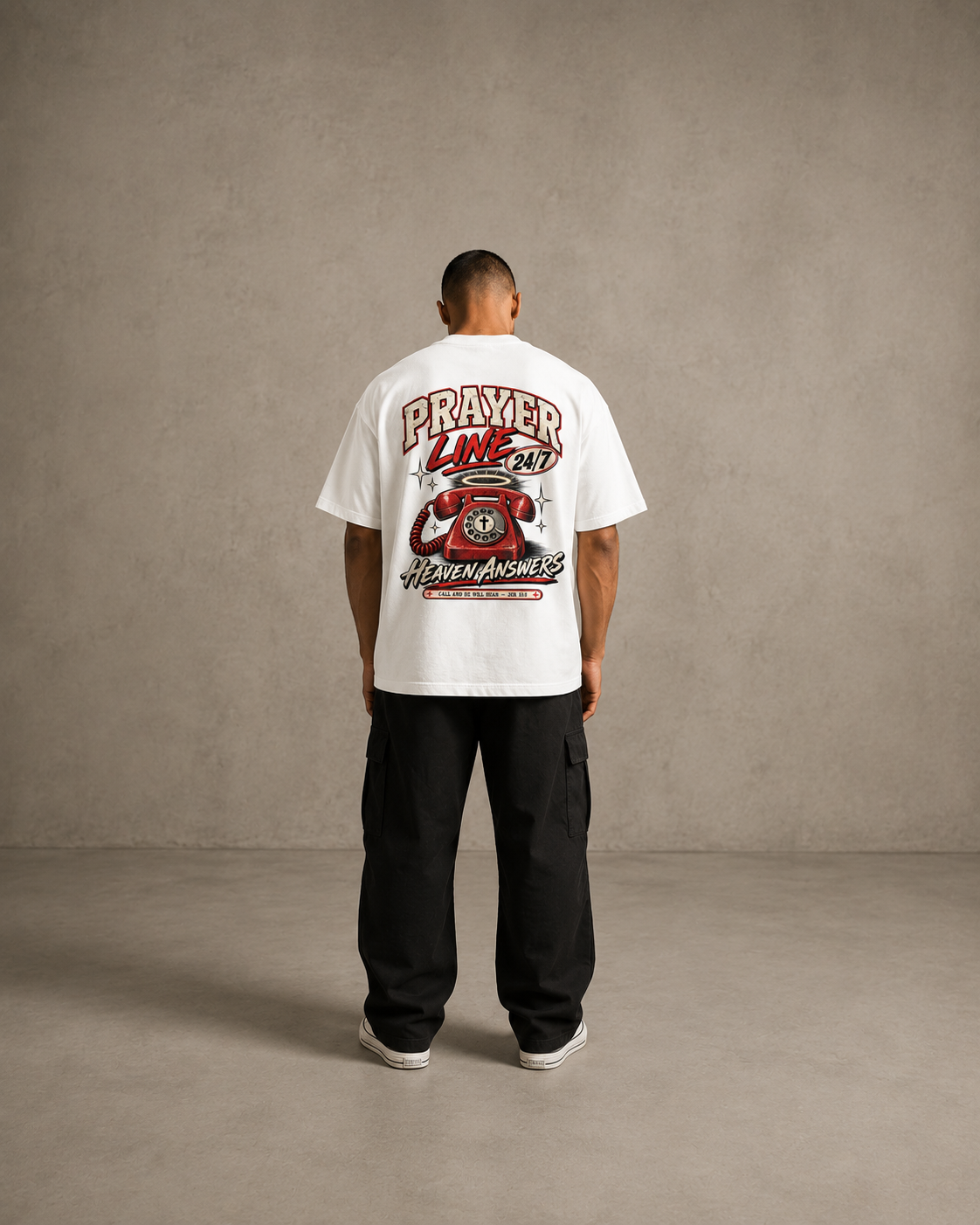 Prayer Line 24/7 in White — Back editorial view